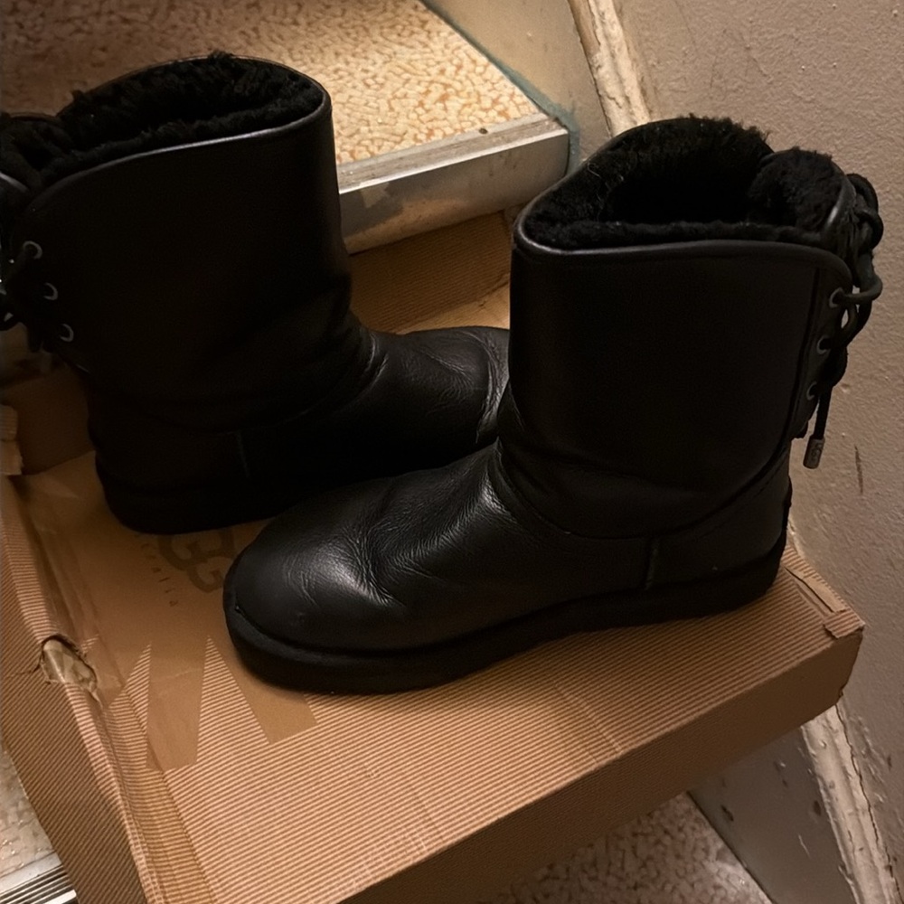 UGG Marianna Black Leather Lace Up booties